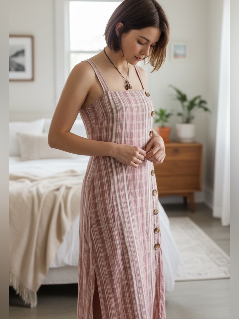 O’Neill Amalfi Striped Cotton Rust Ivory Button Front Midi Dress M Coastal Beach